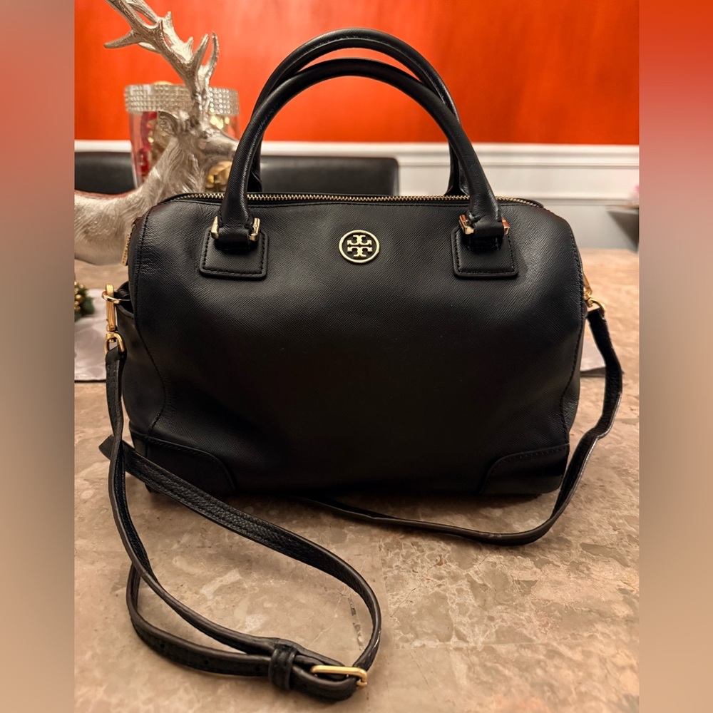 Tory Burch Black Saffiano Leather Satchel with Gold Hardware